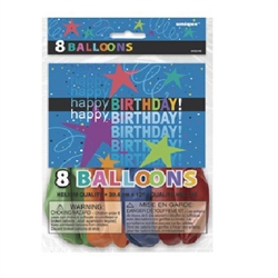 These Happy Birthday Balloons are colorful, helium quality balloons printed with Happy Birthday, serpentine swirls, stars, and confetti. Inflates to 12 inches. Each package contains an assortment of 8 uninflated balloons.