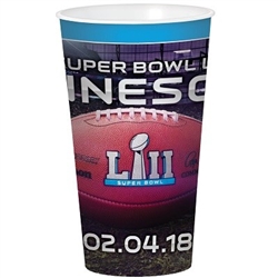 The Super Bowl 52 32 Oz Stadium Cup is made of durable plastic and measures 7 inches tall. It can hold 32 ounces of liquid. Dishwasher safe, top rack only. Contains one per package. No returns.