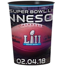 The Super Bowl 52 Favor Cup is made of durable plastic and measures 4 1/2 inches tall. Holds 16 ounces of liquids. Dishwasher safe, top rack only. Contains one (1) per package. No returns