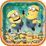 Colorful square coated paper plates that are printed with Despicable Me minions giving a high five and others dressed up to celebrate a party! Each package contains eight 9 inch square plates.