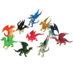 The Mini Dragons are made of plastic and measure approximately 2 inches. They're sold in an assortment of designs and colors. Contains 12 pieces per package. For ages 3 and Up.