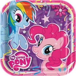 These colorful My Little Pony Square Plates 9" are perfectly sized to serve sandwiches and snacks to pint-sized fans of the ponies. Pinkie Pie and Rainbow Dash are printed on these 9 inch square coated paper plates. Eight plates per package.