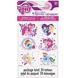 The My Little Pony Tattoos contain an assortment of magical pony characters Pinkie Pie, Rainbow Dash, and Fluttershy. Easy to apply and remove with soap and water. Ages 5 and up. Each package contains 24 tattoos.