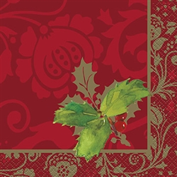 Our high quality Elegant Holiday Beverage Napkins are the finishing touch to your holiday table.These napkins feature holly leaves on a luxurious multi-shaded red background. The napkins are 2-ply and measure 10 inches by 10 inches when fully opened.