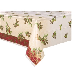 The Elegant Holiday Plastic Tablecover - this high-quality table cover features an off-white field with beautiful green hollies with red berries. Measures 54" x 84".
