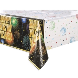 Table covers are necessary for any New Year's party. This plastic, disposable table cover has a multi color background, with images of exploding fireworks. "Happy New Year" in big, gold letters is printed along the sides. Measures 54 x 108 inches.
