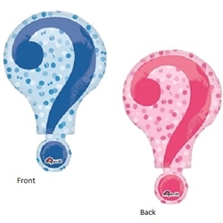 The Gender Reveal Mylar Balloon 28" measures 28 inches by 18 inches when inflated. On the front is a blue question mark and on the back is a pink question mark. Contains one (1) balloon per package. No returns.