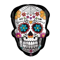 This 24" Sugar Skull Balloon features a black foil balloon in the shape of a sugar skull, with an intricately decorated sugar skull printed on both sides. Perfect for Day of the Dead celebrations! Ships flat - inflate with helium. One per package.