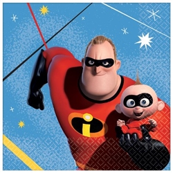 The Incredibles Beverage Napkins are made of 2-ply paper and measure 5 inches by 5 inches. They're printed with Mr. Incredible and Jack Jack with a blue background. Contains (16) napkins per package.