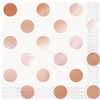 The Rose Gold Dots Beverage Napkins are made of 2 ply paper material. Decorated with metallic rose gold and light pink polka dots. Measure 5 inches by 5 inches. Contains 16 napkins per package. Do not microwave