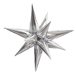 The Silver Star-Burst Balloon is a stunning silver foil balloon that will grab the attention of your event guests. This 3-dimensional multi-point star is easily filled with air and assembled to form the unique shape. Assembly instructions included.