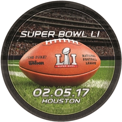 These full color 9 inch round paper plates feature Super Bowl LI and date 02.05.17. An authentic NFL Wilson football is located in the center of each plate. Each package contains eight coated paper plates.