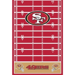 Your game day table won't be complete without the printed San Francisco 49ers Tablecover. Each plastic tablecover measures 54 inches by 102 inches. A red football field is highlighted with the SF log and 49ers end zone.