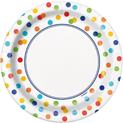 The Rainbow Polka Dots Plates 7" are the perfect size for your party appetizers or desserts. These heavy duty 7 inch paper plates are tastefully decorated with a border of colorful dots encircling the outer edge of each plate. 8 plates in each package.