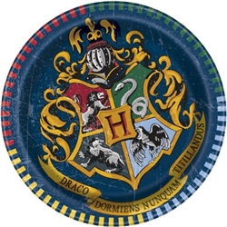 The Harry Potter Dessert Plates are made of scalloped paper and measure 6 3/4 inches. Printed with the Hogwarts logo and reads "Draco Dormiens, Nunquam Titillandus". It means "Never tickle a sleeping dragon". Contains 8 plates per package.
