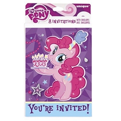 If you're throwing a My Little Pony theme party, then you need the My Little Pony Invitations to send out to all of your guests. Each invitation is printed with the Pinkie Pie image, and has designated spaces to enter all of the event details. Pack of 8.