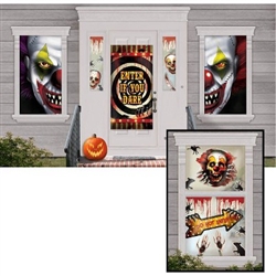 The Creepy Carnival Scene Setter includes 33 pieces of scary clown and other Halloween images to decorate windows and doors. Sizes range from 4 inches to 65 inches. Perfect for covering front doors and windows. Printed on card stock and/or plastic.