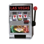 The L.V. Slot Machine Bank is made of plastic and measures 5 inches tall and 3 1/2 inches wide. It has Las Vegas decals and a working handle that spins the reels when you pull it down. Located on the back is a coin slot and a release tab. One per pack.