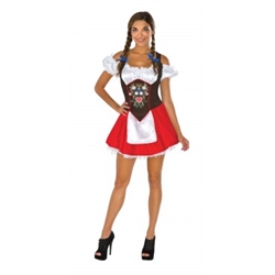 This polyester and felt ladies Oktoberfest dress will be the perfect costume for your next Oktoberfest party. This short, red, white and black dress will fit up to a ladies dress size 12. Not eligible for return.
