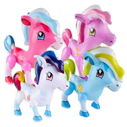 The 27 inch Inflatable Pony makes a great accessory to your princess party decorations. Assorted pastel colors decorate these adorable magical looking ponies. Sold 1 pony per package.