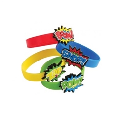 Show off your love for all things superheroes by sporting one of these colorful, action-packed Hero Rubber Bracelets. The bracelets are made of stretchy rubber, which is why they are a one size fits most. Comes 12 per package.