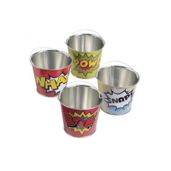 Fill these Hero Mini Buckets with candy and other goodies for the young superheroes to enjoy! Each bucket measures 2.75 inches tall and is made of metal. These Hero Mini Buckets aren't recommended for children under three years of age.