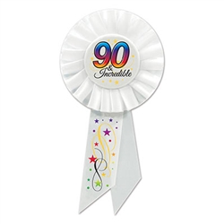 Everyone is sure to know who the birthday party is for when the guest of honor is wearing this classy and unique 90 & Incredible pin-on Rosette Ribbon.