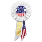 Be proud of your service in defense of our country .  Wear this classically patriotic "Armed Services" rosette with pride.
Pins measure 1.75 inches in diameter, rosette is 3 inches in diameter, ribbons are 3.5 inches long.
1 per package.