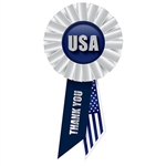 These patriotic rosettes are a fun and colorful way to show your appreciation for all they do. Measures (6-1/2) inches long by (3-1/2) inches wide with a pin on the back.