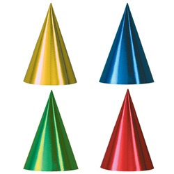 Packaged Assorted Foil Cone Hats (sold 12 per box)