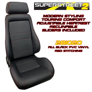 Performance World 281020 SuperStreet2 Touring Black Synthetic Leather Seats. Red Stitching. Pair
