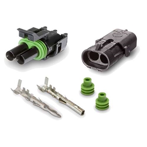 Performance World 320402 2-Pin Delphi Weatherpack Connectors 1/pk. Includes male, female, pins and seals.