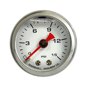 Performance World 5215W 0-15PSI Liquid Filled White Face Fuel Pressure Gauge. 1.50" Diameter. 1/8" NPT