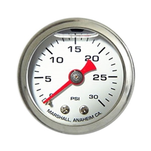 Performance World 5230W 0-30PSI Liquid Filled White Face Fuel Pressure Gauge. 1.50" Diameter. 1/8" NPT
