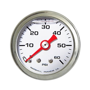 Performance World 5260W 0-60PSI Liquid Filled White Face Fuel Pressure Gauge. 1.50" Diameter. 1/8" NPT