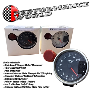 Performance World 5296 5" Diameter 10,000 RPM White Face Tachometer with Shift-Light & Recall function