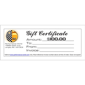 Performance World GIFT3 $100.00 Gift Certificate