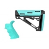 AR-15/M-16 Kit - Finger Groove Beavertail Grip and OverMolded Collapsible Buttstock - Fits Mil-Spec Buffer Tube - Aqua Rubber