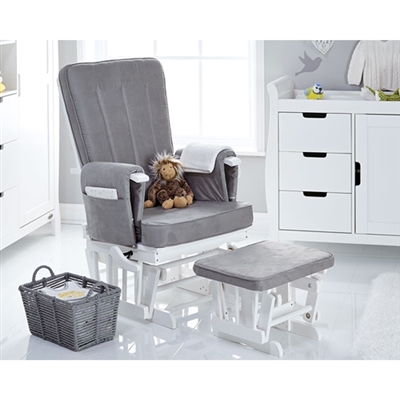 Obaby Deluxe Reclining Glider Chair and Stool White with Grey Cushion