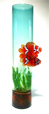 David Leppla Hand Blown Tall Glass Fish Vase with Sea Weed Bowl