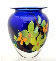 Mayauel Ward Hand Blown Glass Blue Vase with Yellow Flowers