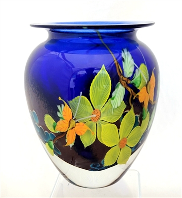 Mayauel Ward Hand Blown Glass Blue Vase with Yellow Flowers