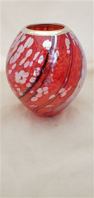 Tim Lazer Hand Blown  Small Red and Silver Glass Vase