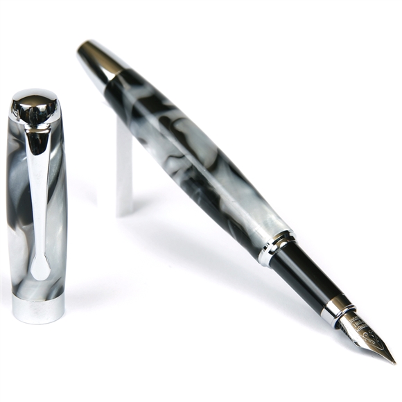 Black & Pearl/White Marbleized Gloss Body Fountain Pen by Lanier Pens