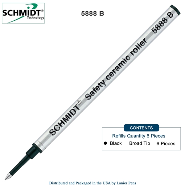 6 Pack - Schmidt 5888 Safety Ceramic Rollerball Metal Refill - Black Ink (Broad Tip 1.00mm) by Lanier Pens, Wood N Dreams