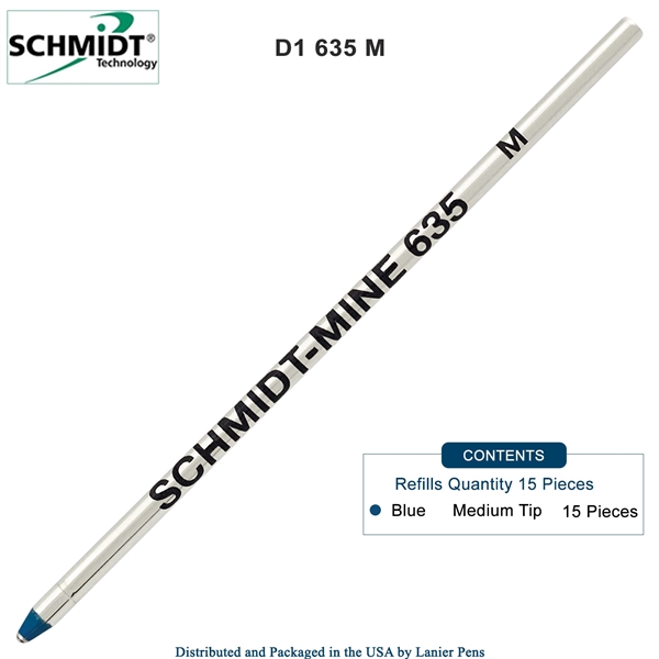 15 Pack - Schmidt 635 D1 Mine Ballpoint Refill - Blue Ink (Medium Tip 0.7mm) by Lanier Pens, Wood N Dreams