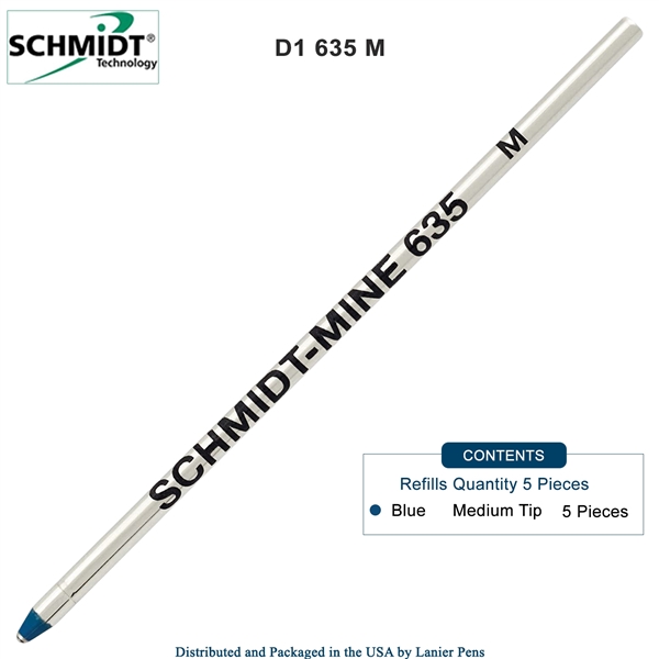 5 Pack - Schmidt 635 D1 Mine Ballpoint Refill - Blue Ink (Medium Tip 0.7mm) by Lanier Pens, Wood N Dreams