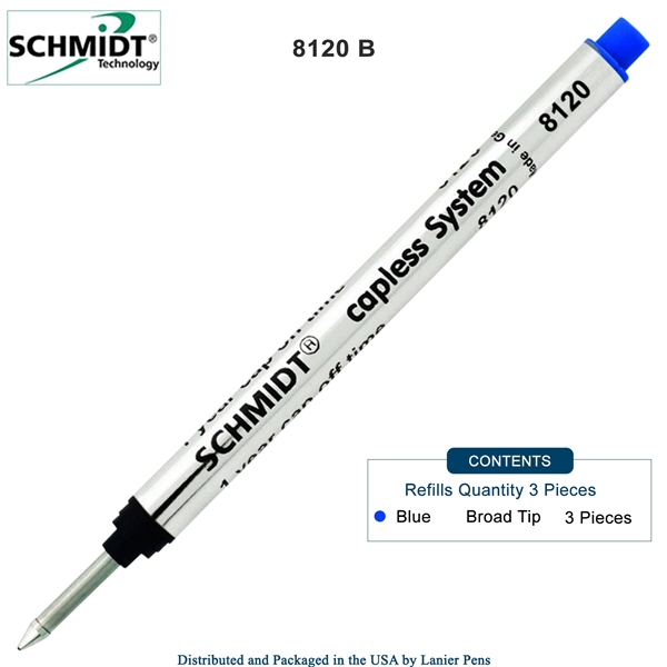 3 Pack - Schmidt 8120 Long Capless Rollerball Refill - Blue Ink (Broad Tip 1.00mm) by Lanier Pens, Wood N Dreams