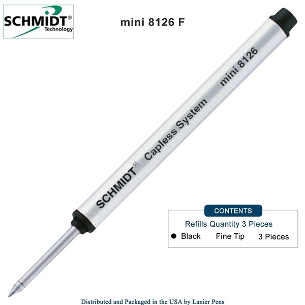 3 Pack - Schmidt 8126 Mini Capless Rollerball Refill - Black Ink (Fine Tip 0.6mm) by Lanier Pens, Wood N Dreams