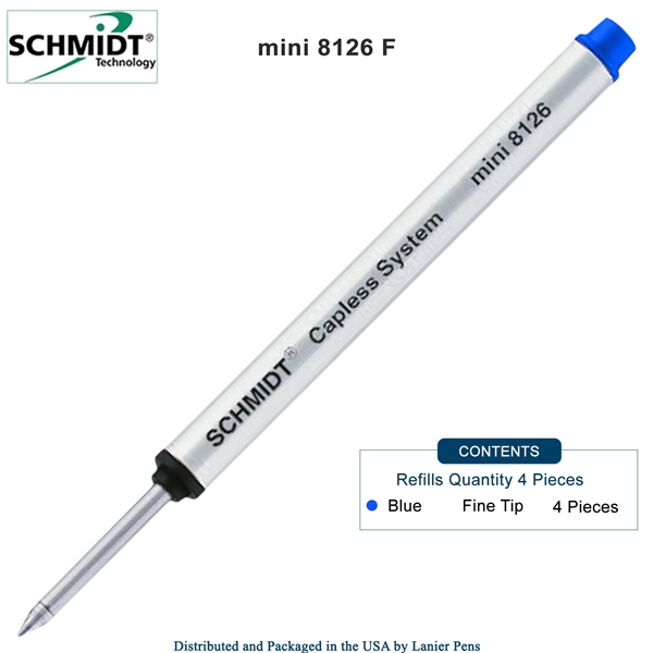 4 Pack - Schmidt 8126 Mini Capless Rollerball Refill - Blue Ink (Fine Tip 0.6mm) by Lanier Pens, Wood N Dreams